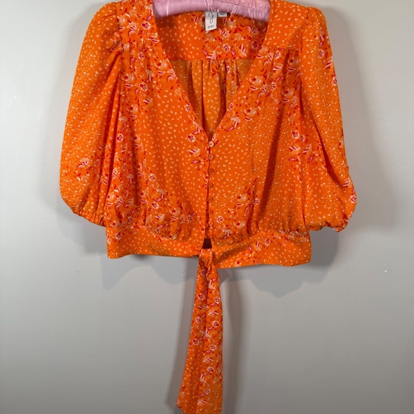 Joie Orange w/ Small Floral Print Crop Top with Elbow Length Puff Sleeves Size L - Picture 6 of 6